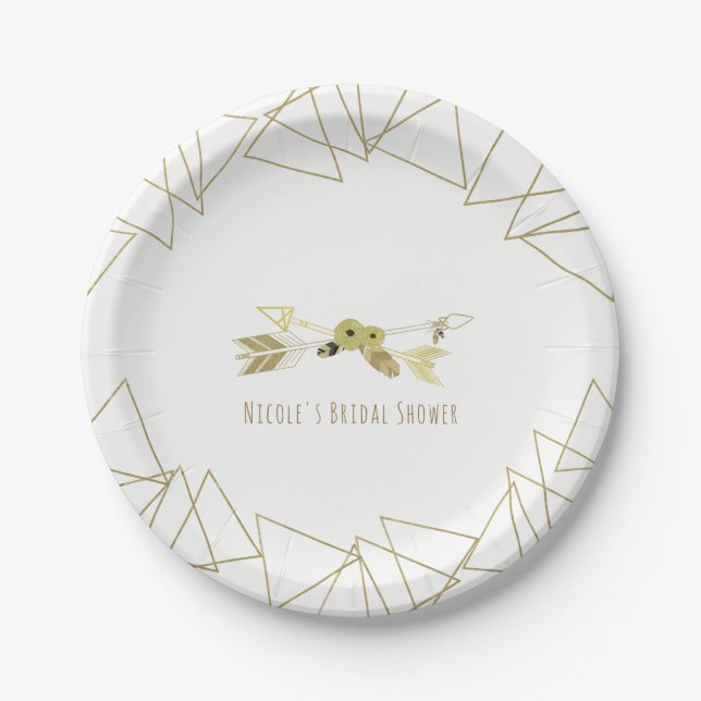 Prato De Papel Boho Chic Flechas e Triângulos Geométricos Dourado (Frente)