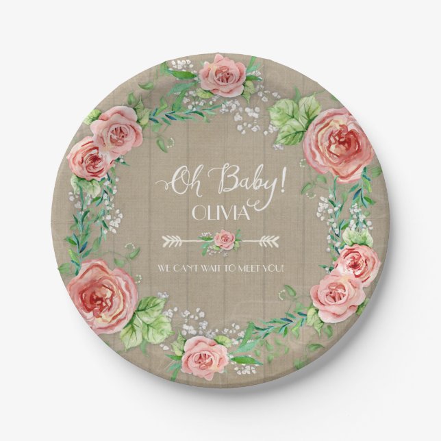 Prato De Papel BOHO Chic Oh Baby Girl Chá Wood Watercolor (Frente)