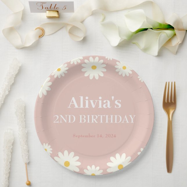 Prato De Papel Boho Daisy Dois segundo aniversário Bohemiano Rosa (Casamento)