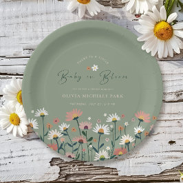 Prato De Papel Boho Daisy Floral Sage Green Baby in Bloom Chá