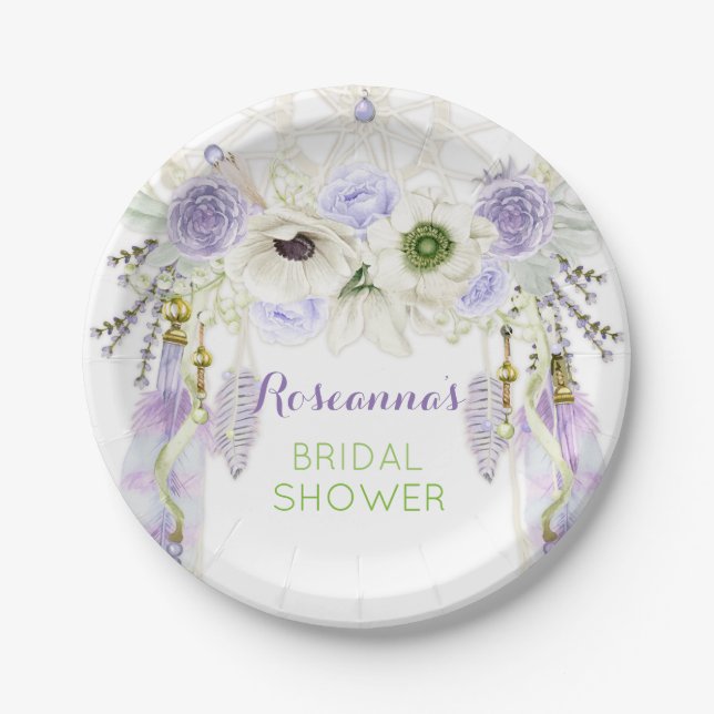 Prato De Papel Boho Dream Catcher Feather Lavanda Tribal (Frente)