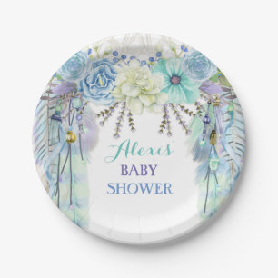 Prato De Papel Boho Drecher Feather Tribal Aqua Blue