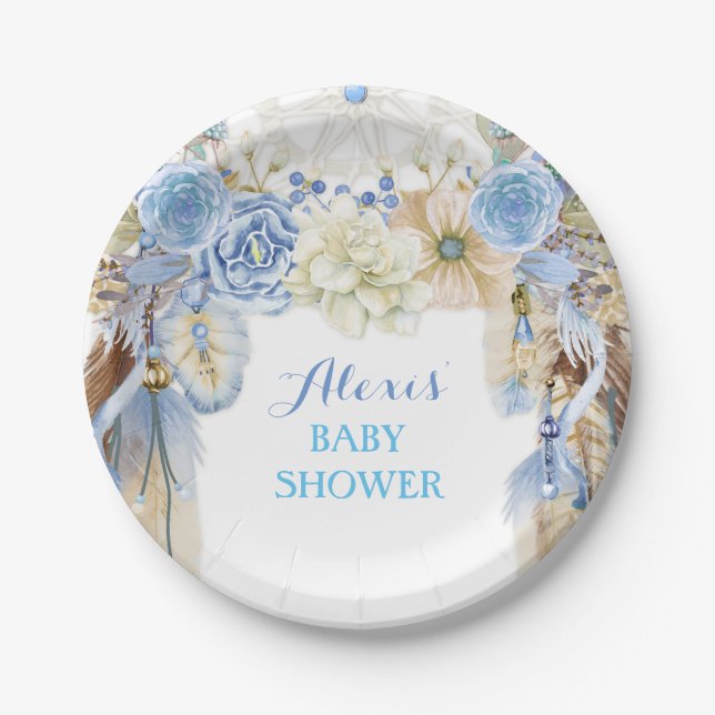 Prato De Papel Boho Drecher Feather Tribal Blue Ivory (Frente)