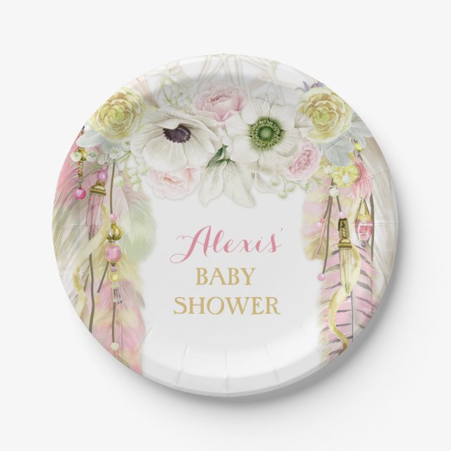 Prato De Papel Boho Drecher Feather Tribal Pink Yellow (Frente)