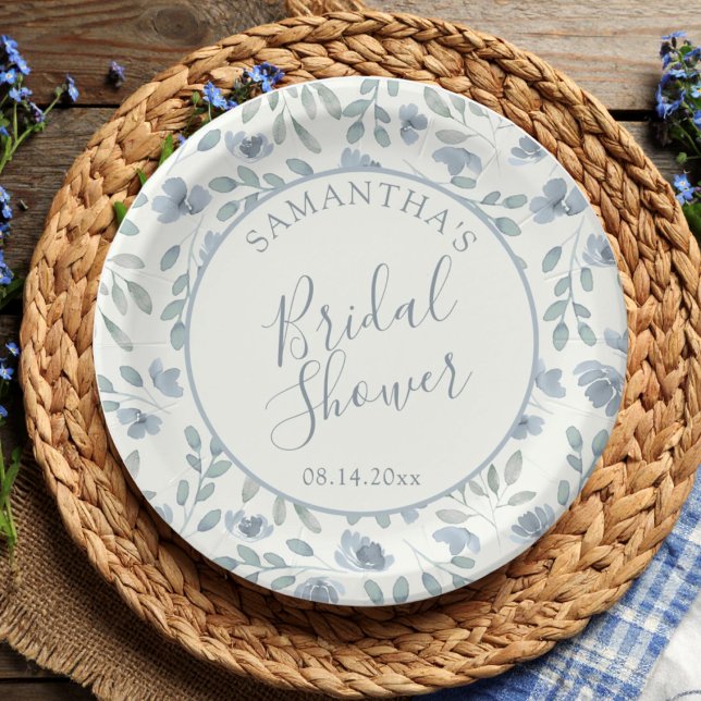Prato De Papel Boho Dusty Blue Floral Bridal Shower  (Criador carregado)