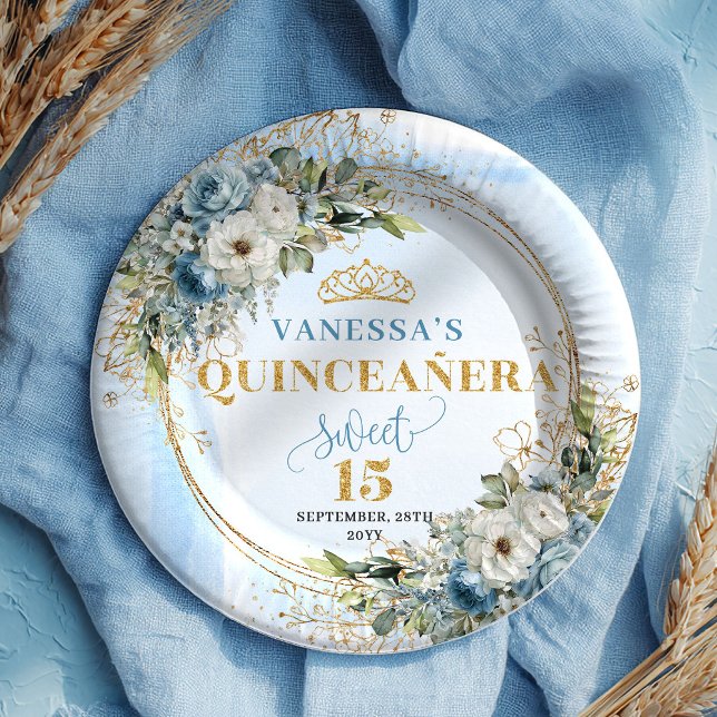 Prato De Papel Boho Dusty Blue Floral Gold Personalized Quince  (dusty blue flowers Quinceañera plates,
bohemian eucalyptus greenery foliage ,
boho gold tiara 15th b)