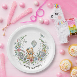 Prato De Papel Boho floral birthday bear