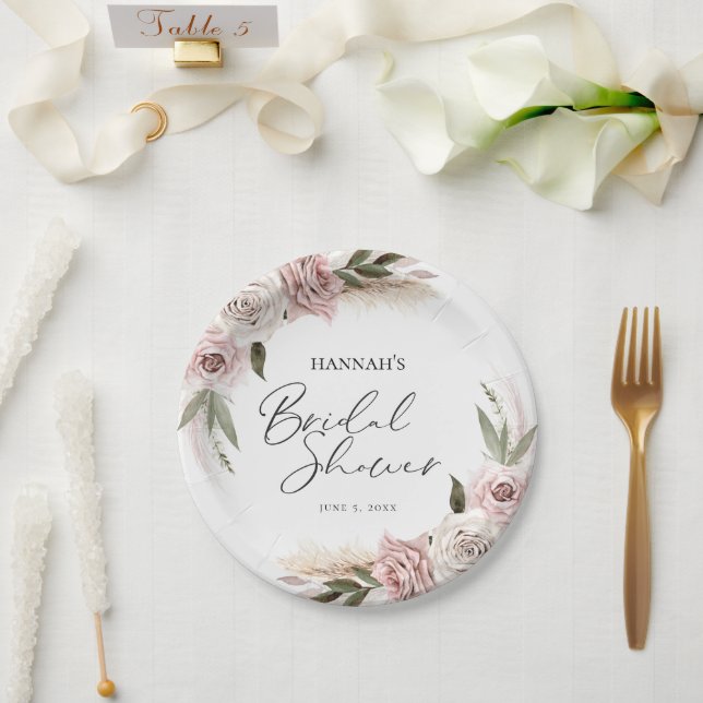 Prato De Papel Boho Floral Pampas Grass Chá de panela Bem-vindo (Casamento)