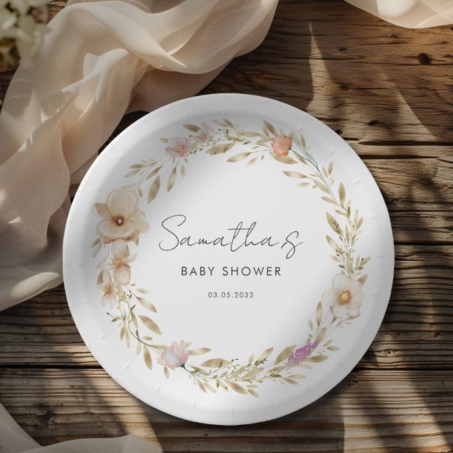 Prato De Papel Boho Flower Baby Shower (Boho Flower Baby Shower Pastel - White Custom Paper Plates with your Name & Date.)