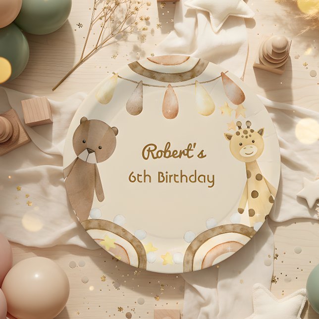 Prato De Papel Boho fofo Urso e Girafa Aniversário de crianças (Criador carregado)