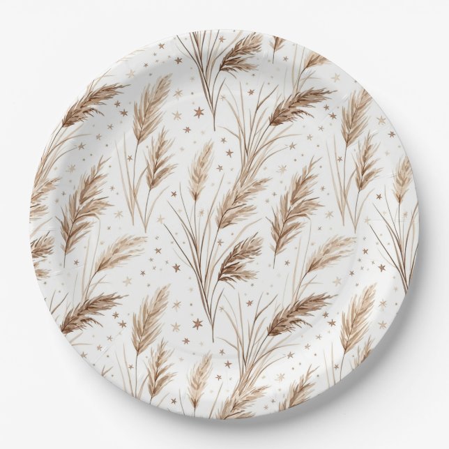 Prato De Papel Boho Grama Pampas Bege Marrom Padrão de Estrela (1 (Frente)