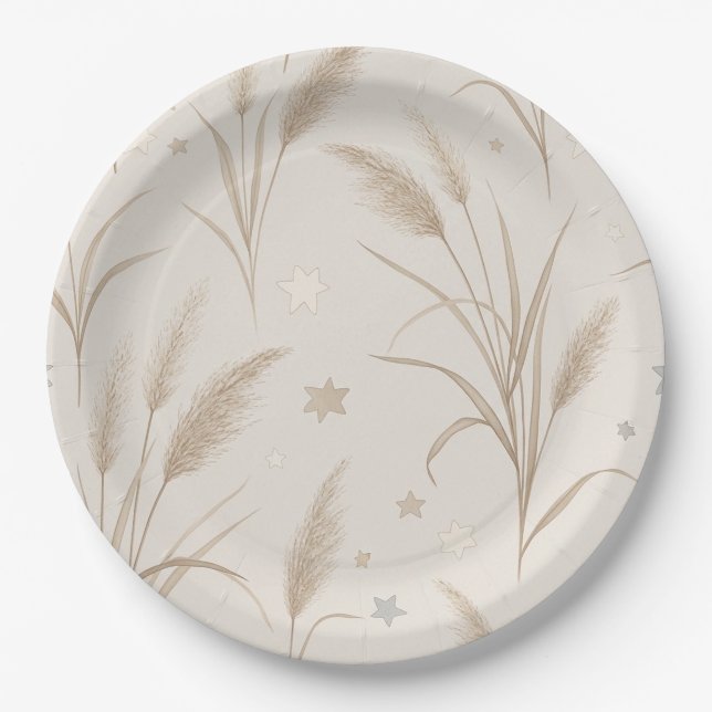 Prato De Papel Boho Grama Pampas Bege Marrom Padrão de Estrela (2 (Frente)