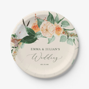 Prato De Papel Boho Greenery Peach Personalizado Casamento Botâni