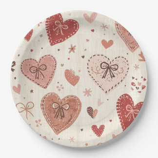 Prato De Papel Boho Hearts and Bows Valentine's Day Paper Plates