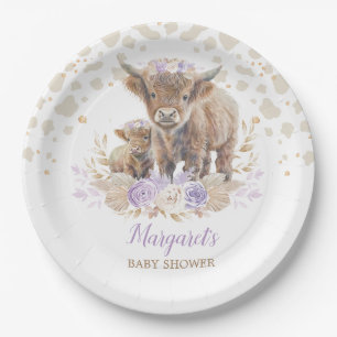 Prato De Papel Boho Highland Cow Rosas Roxos Bebê Floral