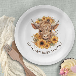 Prato De Papel Boho Highland Cow Sunflower Chá de fraldas