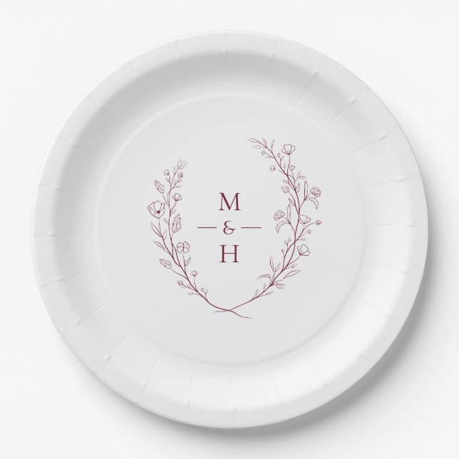 Prato De Papel Boho Modern Botanical Monogram Wedding Party (Frente)