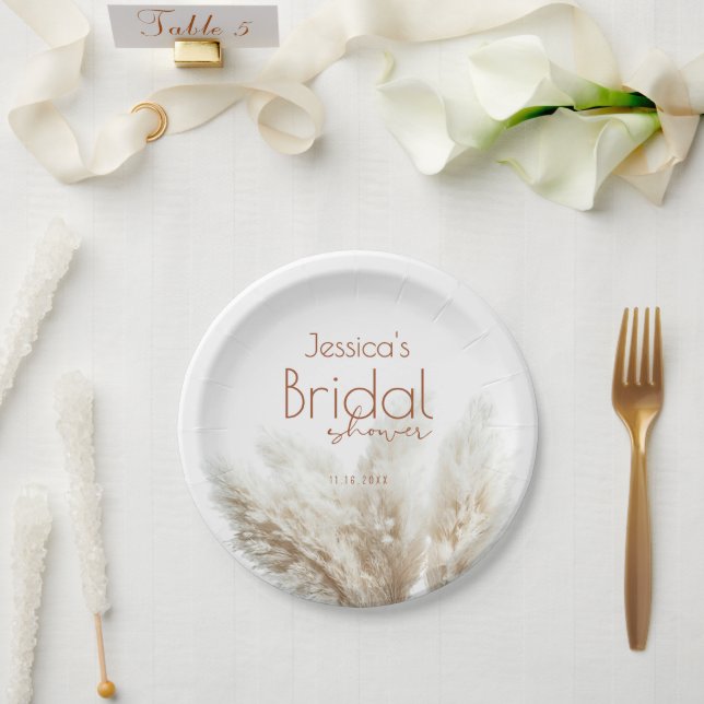 Prato De Papel Boho Neutro Fluffy Grama-das-Pampas Chá de Noiva (Casamento)