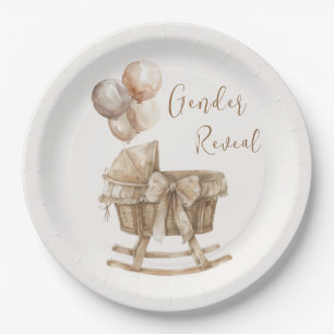 Prato De Papel Boho Nursery Beige Balões de Gênero Revelação