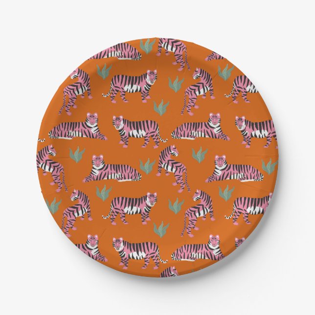 Prato De Papel Boho Orange Pink Jungle Tigers (Frente)