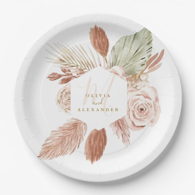 Prato De Papel Boho Pampas Flores Tropicais Secas Casamento Papel (Frente)