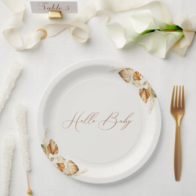 Prato De Papel Boho Pampas Grass Gênero Neutral Hello Baby (Casamento)