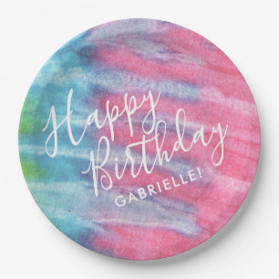 Prato De Papel Boho Pastel Tie Dye Parabéns com o nome