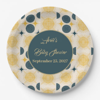 Prato De Papel Boho Personalizado Sol Lua Estrelas Azul Amarelo