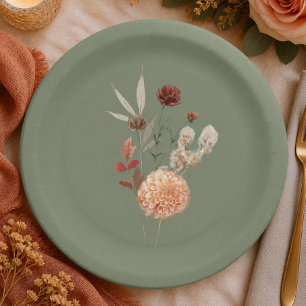 Prato De Papel Boho Pêssego e Ferrugem Floral Verde Salvia Chá de