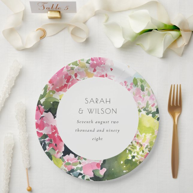 Prato De Papel Boho Pink Green Tropical Bougainvillea Weding (Casamento)