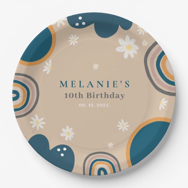 Prato De Papel Boho Rainbow Daisy Beige Birthday (Frente)