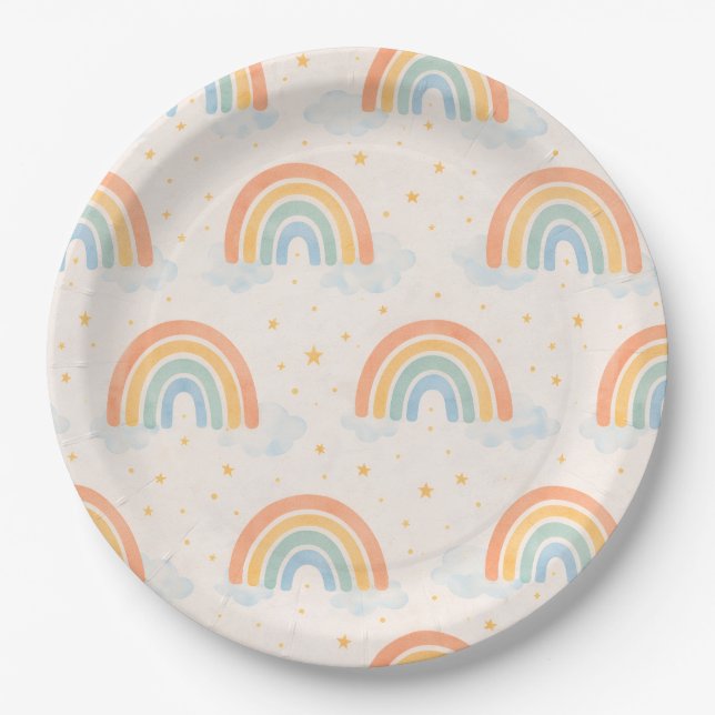 Prato De Papel Boho Rainbow Gender Reveal Paper Plates Neutral (Frente)