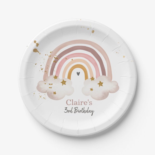 Prato De Papel Boho Rainbow Party Neutro Earth Tones Moderno (Frente)