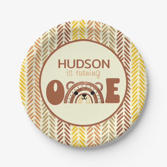 Prato De Papel Boho Rainbow Woodland Bear Primeiro Aniversário (Frente)