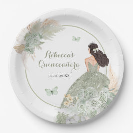 Prato De Papel Boho Sage Green - Quinceañera Paper Plate