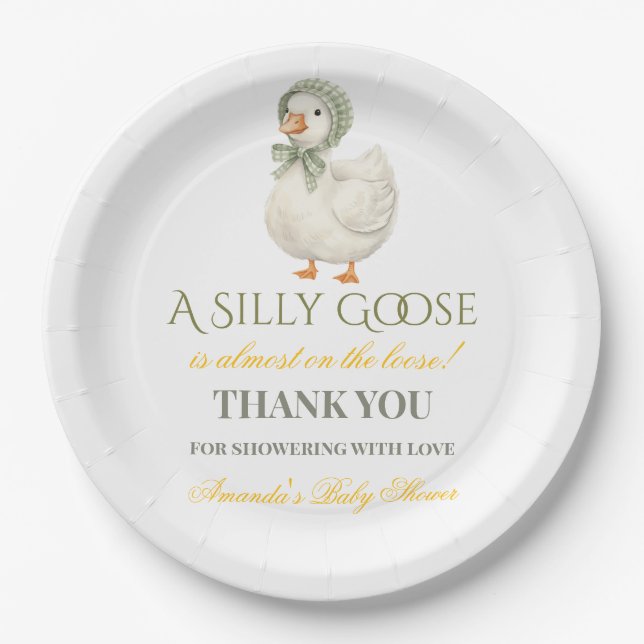 Prato De Papel Boho Silly Goose Sage Green Neutral Baby Shower (Frente)