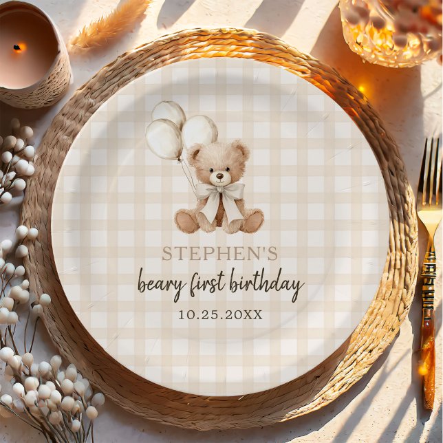Prato De Papel Boho Teddy Bear Beary First 1st Birthday Party (Criador carregado)