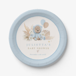 Prato De Papel Boho Teddy Bear Blue - Chá de fraldas de espera