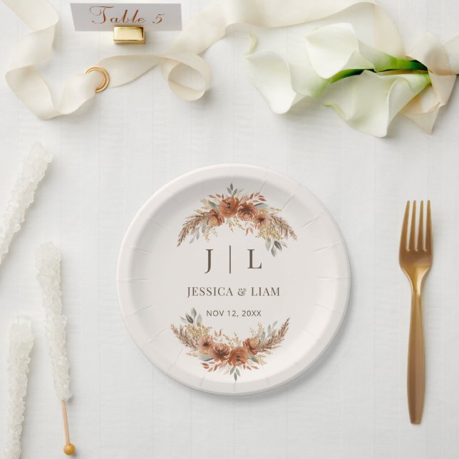 Prato De Papel Boho Terracotta Rust Queda Casamento Floral (Casamento)