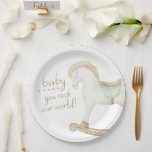 Prato De Papel Boho Vintage Rocking Horse Chá de fraldas Sage