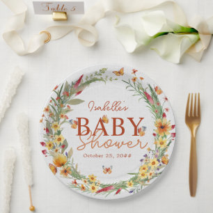 Prato De Papel Boho Watercolor Chá de fraldas de Flores Selvagens
