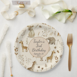 Prato De Papel Boho White Beige Jungle Animal Aniversário