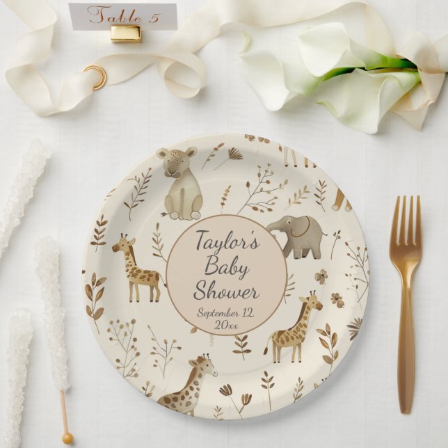 Prato De Papel Boho White Beige Jungle Animal Chá de fraldas (Casamento)