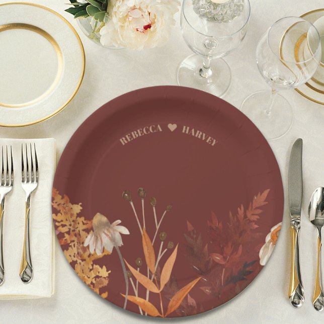 Prato De Papel Boho Wildflower Terracotta Casamento outono de out (Boho Wildflower Terracotta Autumn Fall Wedding Paper Plates)