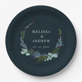 Prato De Papel Boho Wreath na Design de Casamento Azul Escuro