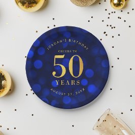 Prato De Papel Bokeh Azul Safira Parabéns pelos 50 Anos de Idade