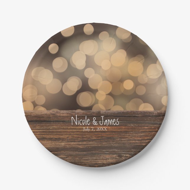Prato De Papel Bokeh Lights & Wood Rustic Sparkle Weds (Frente)