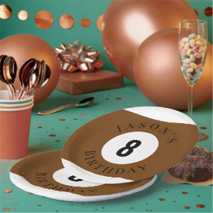 Prato De Papel Bola de Bilhar Personalizada Marrom para Aniversár