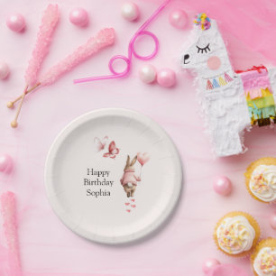 Prato De Papel Bola de Coração de Coelho Borboletas Rosa Aniversá