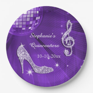 Prato De Papel Bola de Disco Roxa e Saltos Quinceañera